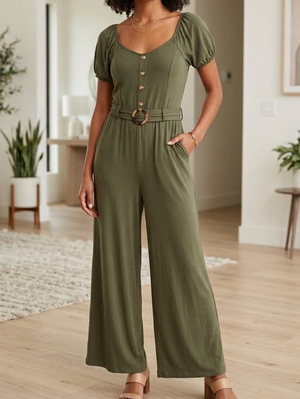 Derek Heart Olive Puff-Sleeve Wide-Leg Jumpsuit with Ring-Belt